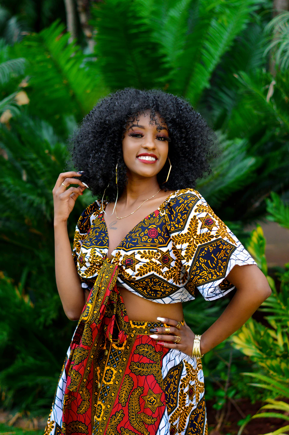 Woman in a floral print dress