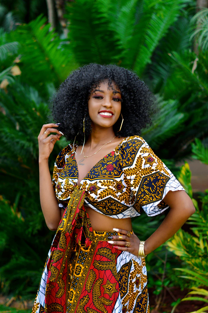 Woman in a brown and white floral print dress
