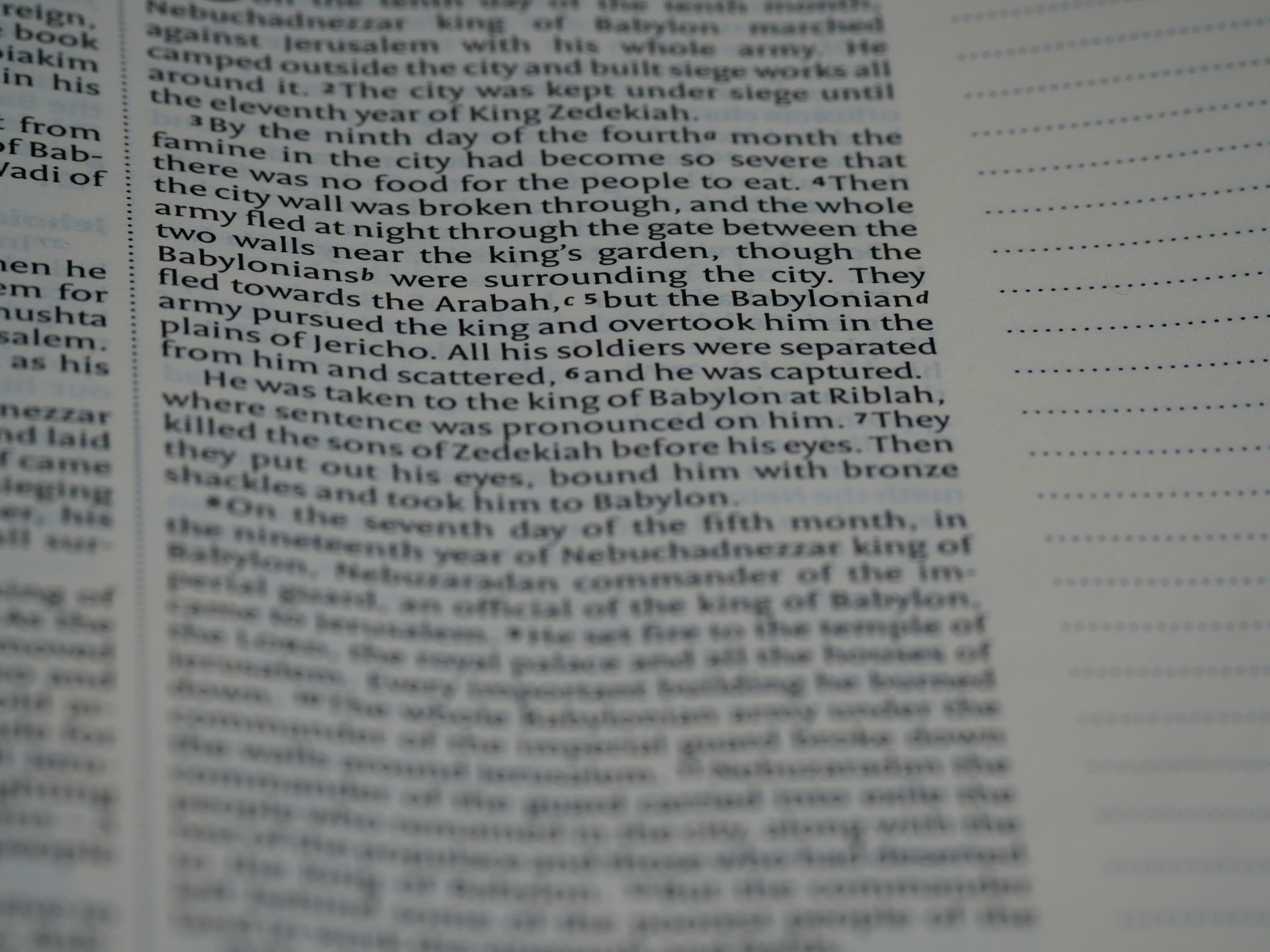 close up, bokeh, macro, blur, blurred background, close focus, bible, old testament, 2 kings, book of kings, kings, ספר מלכים, sêp̄er malḵîm, hebrew bible, destruction of judah, babylon, babylonian exile, Deuteronomistic history, a history of Israel, rabbinic literature, shavuot, christian, judaism, history, text, reading, bible study, devotions, text, NIV, New International Version, type, typography, canon, christianity, holy scripture, holy bible, scripture, tanakh, nevi'im, ketuvim, septuagint,<br />
