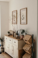 brown woven basket on white wooden cabinet