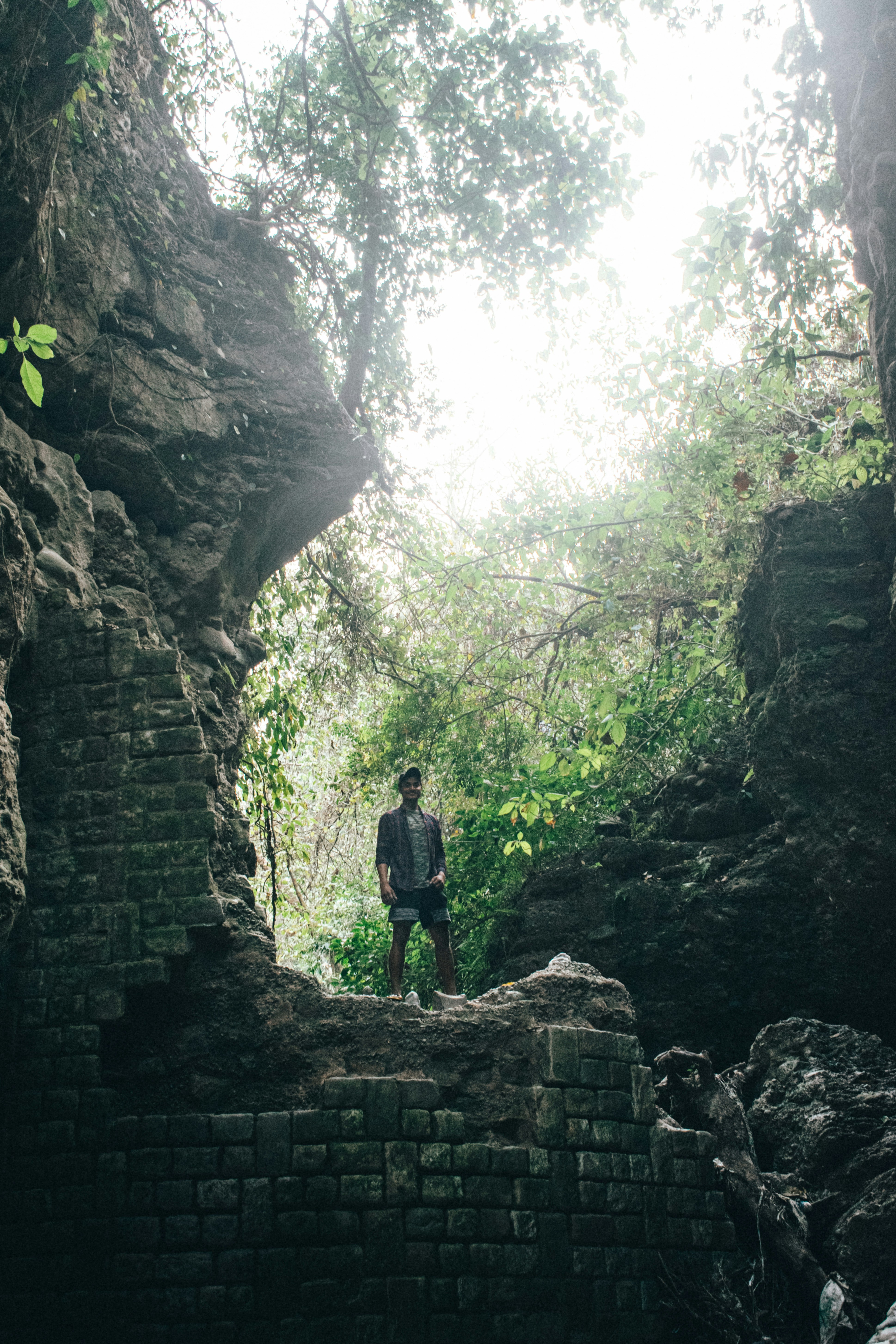 a man standing on a rock formation in the middle of a forest