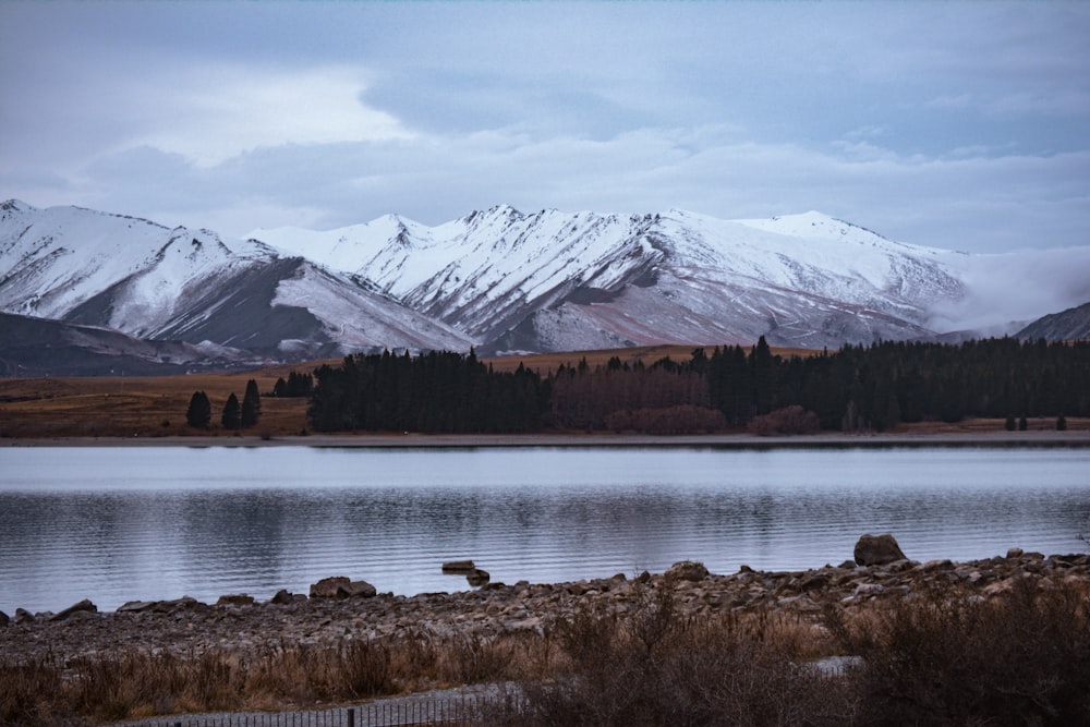 lake near snow covered mountain under cloudy sky during daytime