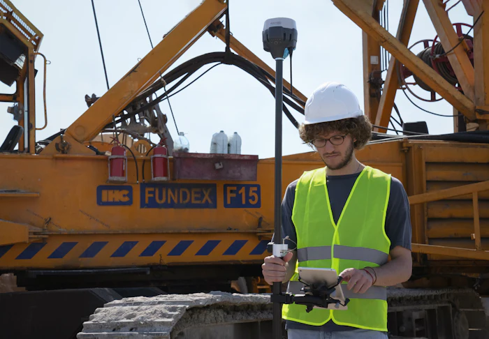 Field engineer beside heavy equipment on a site