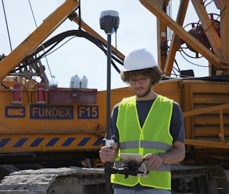 man in green and yellow vest standing beside orange and black heavy equipment