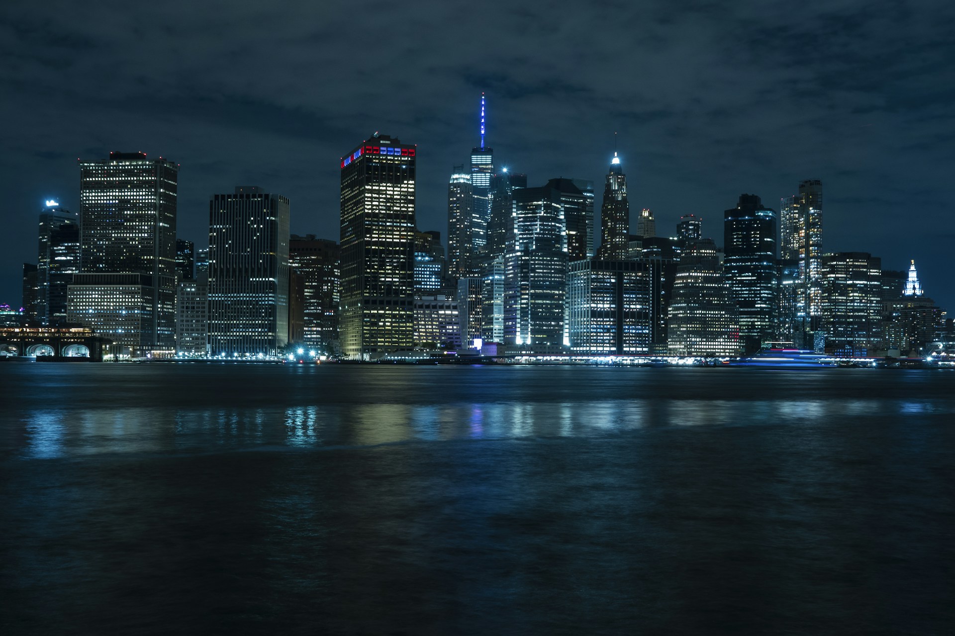 city skyline during night time