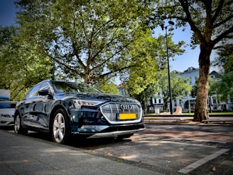 Front view of a sleek modern car parked in a scenic European city street.