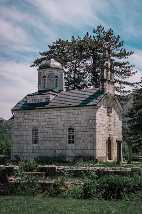 brown and white concrete church near bare trees under blue sky during daytime in Court Church Montenegro