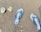 A pair of blue flip-flops with a checkered pattern and the word 'Quiksilver' printed on them, placed on dark, coarse sand. Nearby, there are a couple of small rocks or pebbles partially embedded in the sand.