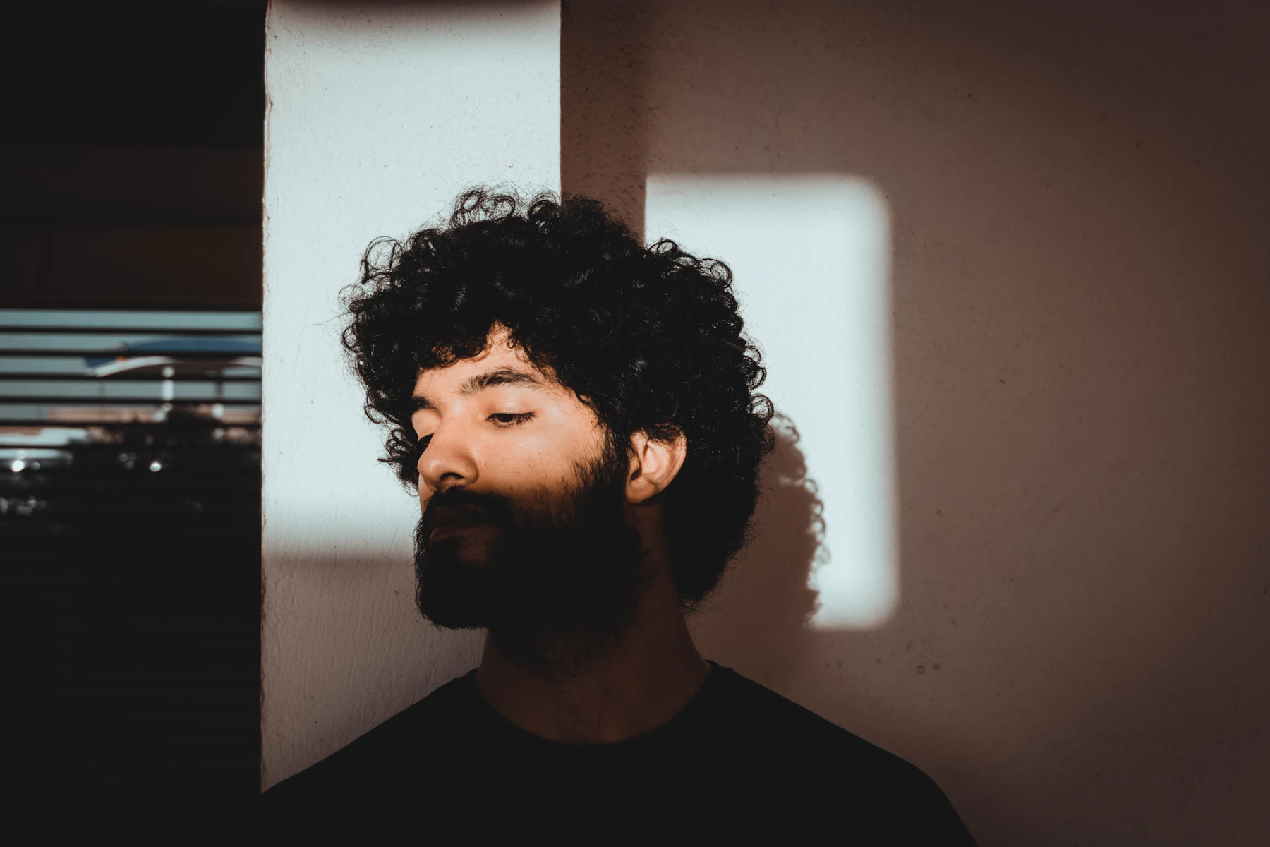 A man with thick, curly hair in soft light