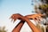 Two crossed hands with well-manicured nails are centered against a clear blue sky backdrop. The fingers are elegantly positioned, and the sunlight accentuates the smooth skin, casting subtle shadows. The background is slightly blurred, hinting at natural surroundings.