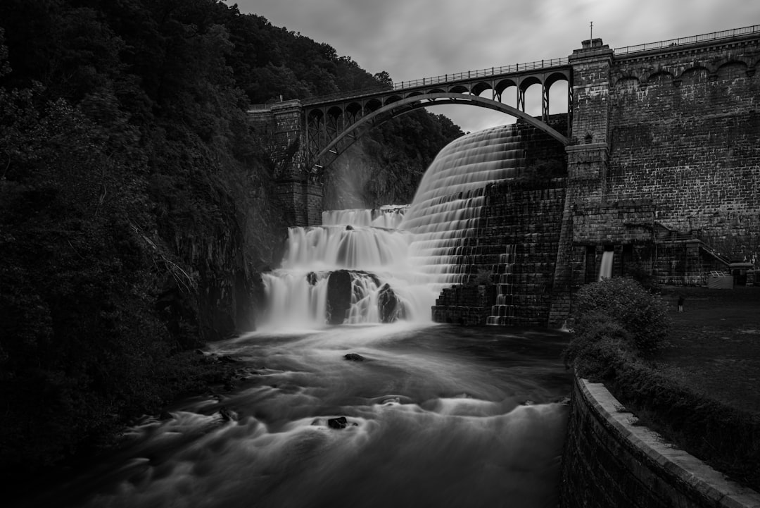 grayscale photo of water falls