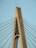 A modern cable-stayed bridge tower with numerous cables extending outward. The structure is made of concrete and steel, showcasing an architectural design with vertical and diagonal elements.