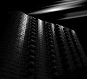 A cinematic still showing a modern luxury apartment bathed in moody, dramatic lighting.