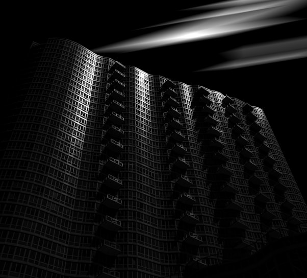 Elegant luxury real estate building with subtle 3D shadows in dark navy and gold tones.