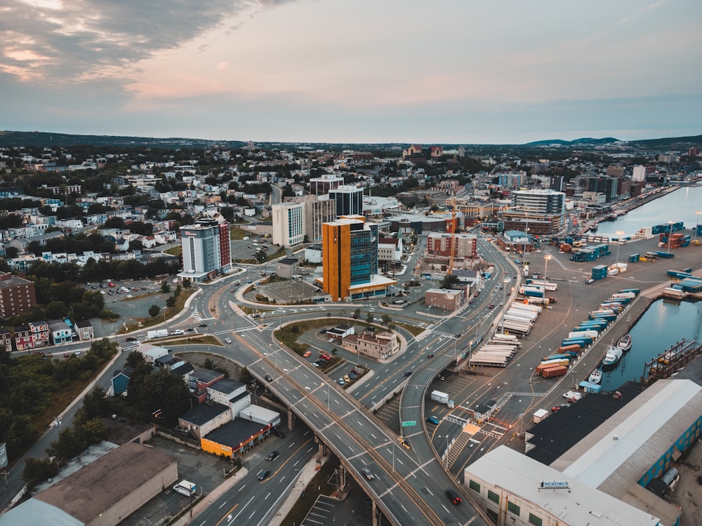 aerial view of city buildings during night time