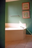 A bathroom corner with a large white bathtub featuring a chrome faucet. The walls are painted green and adorned with two framed artworks, one above the other. A chrome towel bar is also mounted on the wall. Sunlight casts a diagonal shadow across the bathtub and wall.