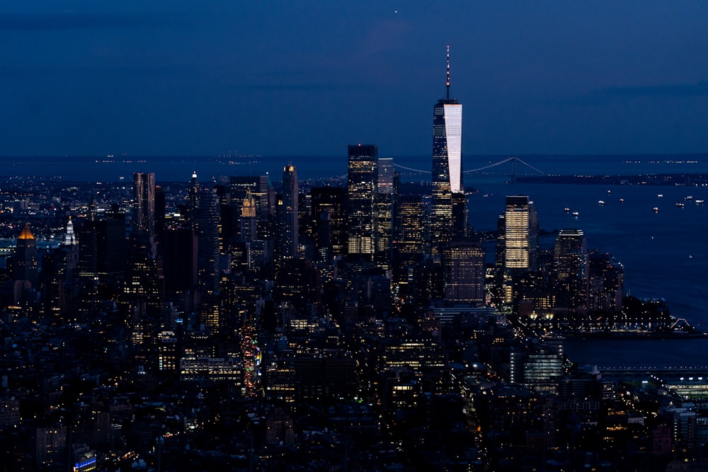 city skyline during night time