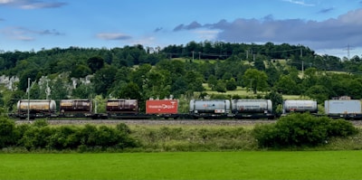 A freight train loaded with containers of rice passing through a scenic countryside.