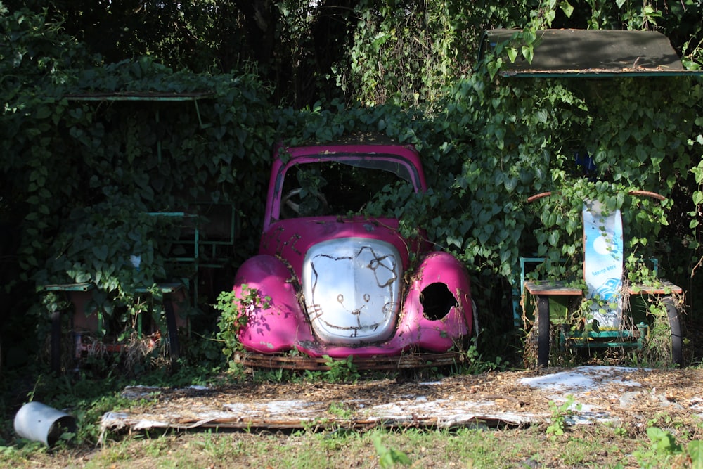 pink volkswagen beetle on brown wooden bench