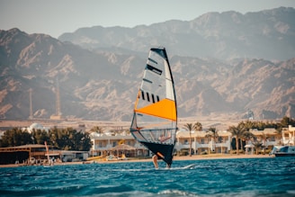 blue and red sail boat on water near people and buildings during daytime