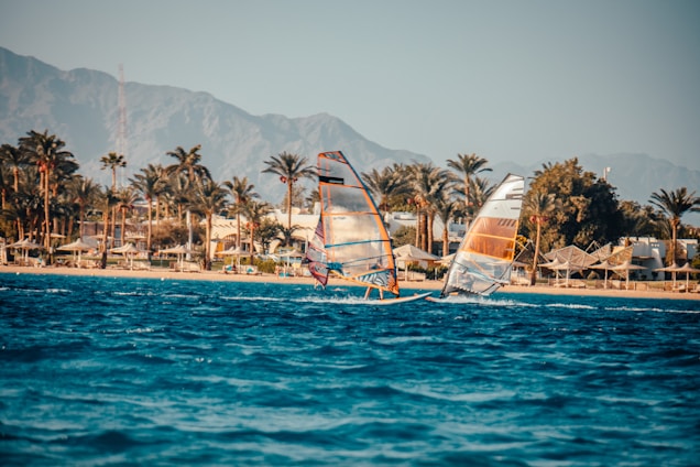 Two windsurfers glide on the blue sea with a backdrop of a sandy beach lined with palm trees and thatched sun umbrellas. In the distance, there is a mountainous landscape under a clear sky.