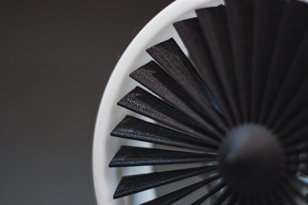 A close-up image of a fan blade assembly, likely from a turbine or a model jet engine. The blades are arranged in a circular pattern, with a combination of black and white colors. The background is blurred, focusing attention on the detailed texture and geometric design of the blades.
