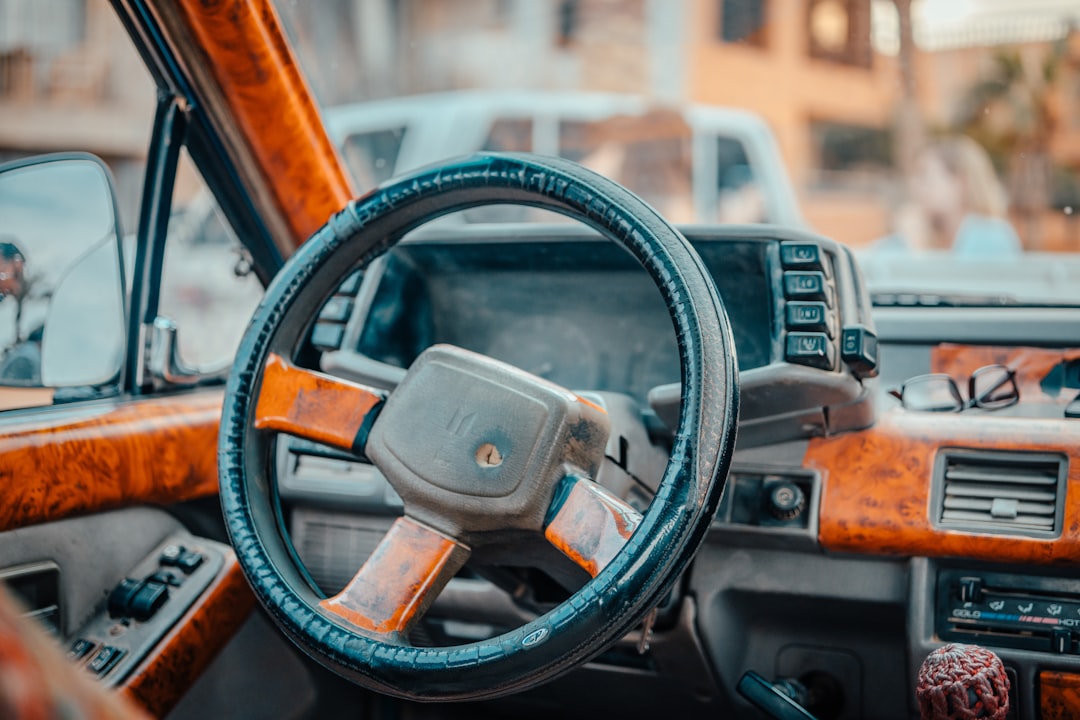 black steering wheel in tilt shift lens