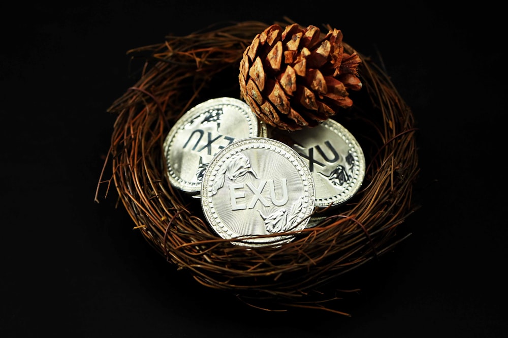 silver round coin on brown woven basket