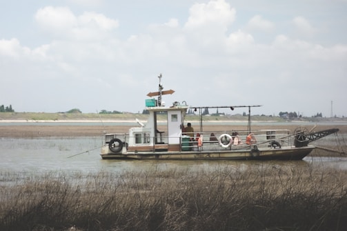 A small boat is anchored near a grassy shore on a calm body of water. The boat appears to have some equipment onboard and is manned by a person visible standing on the deck. In the background, there's a distant landmass with sparse vegetation under a partly cloudy sky.