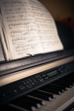 white musical notes on black piano