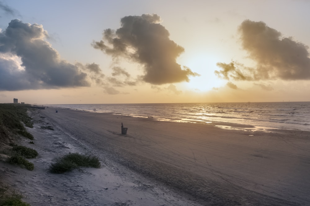 Menschen am Strand während des Sonnenuntergangs