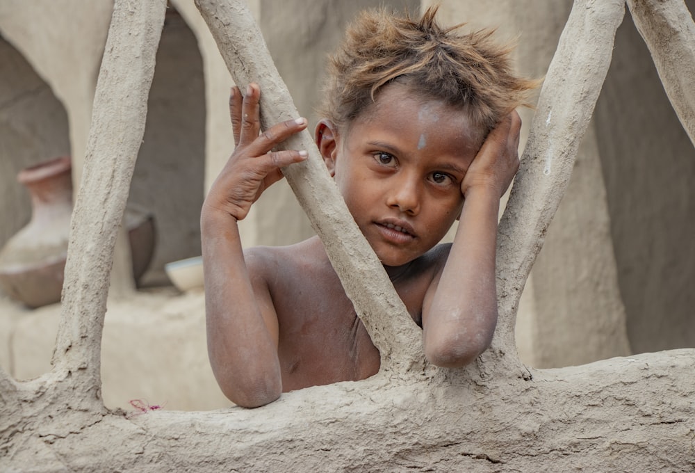 topless boy climbing on brown wooden ladder during daytime