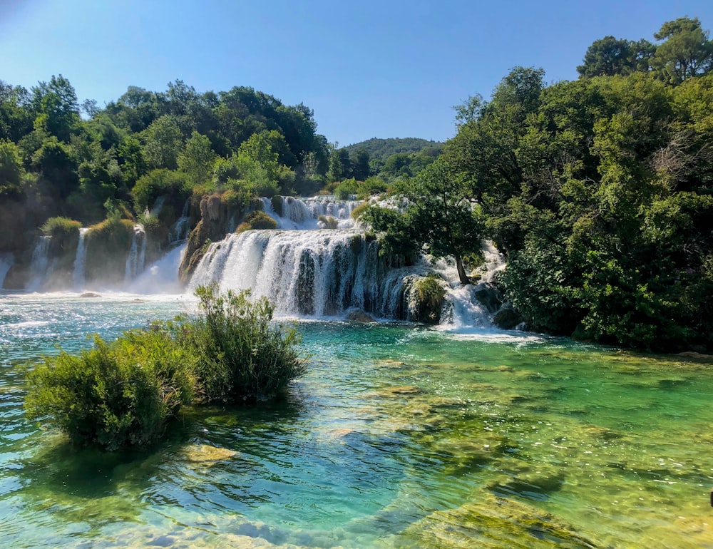 waterfalls in the middle of green trees during daytime