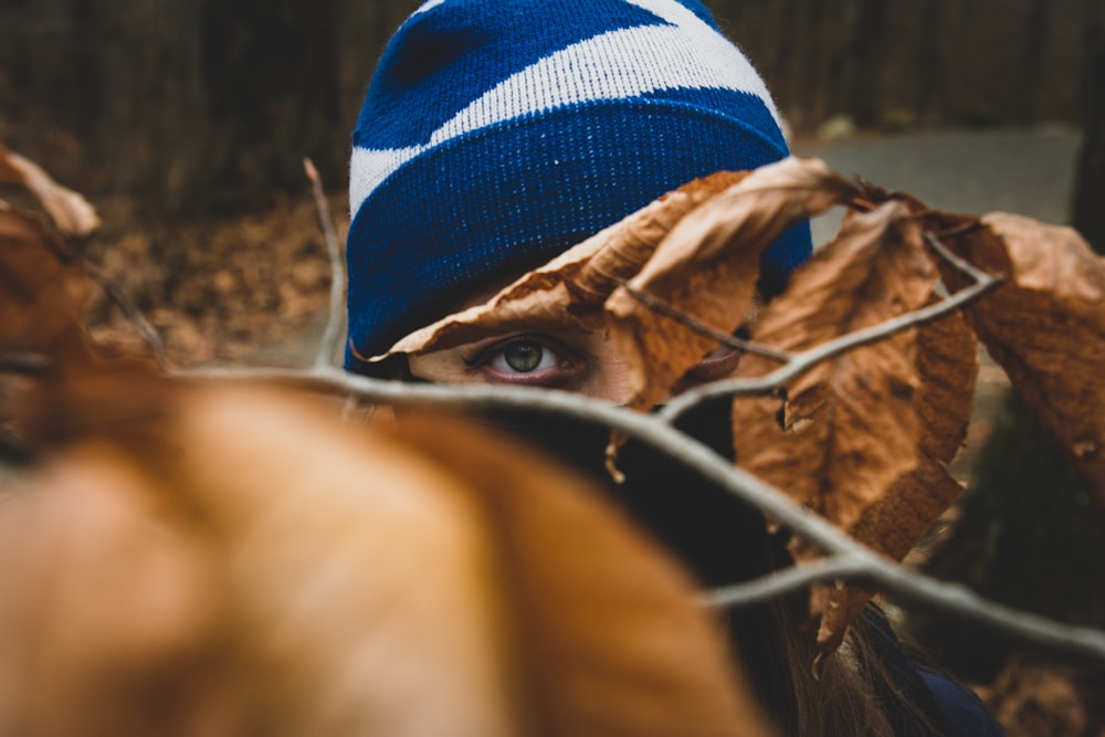 person in blue and white knit cap