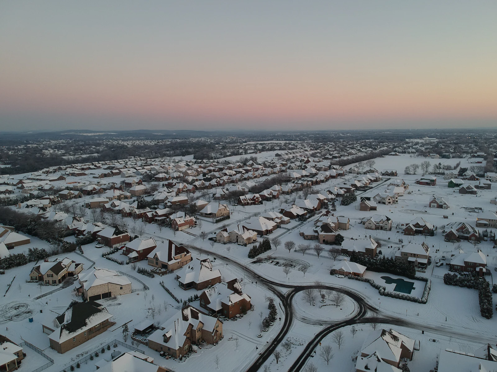 An aerial view of a small city center.