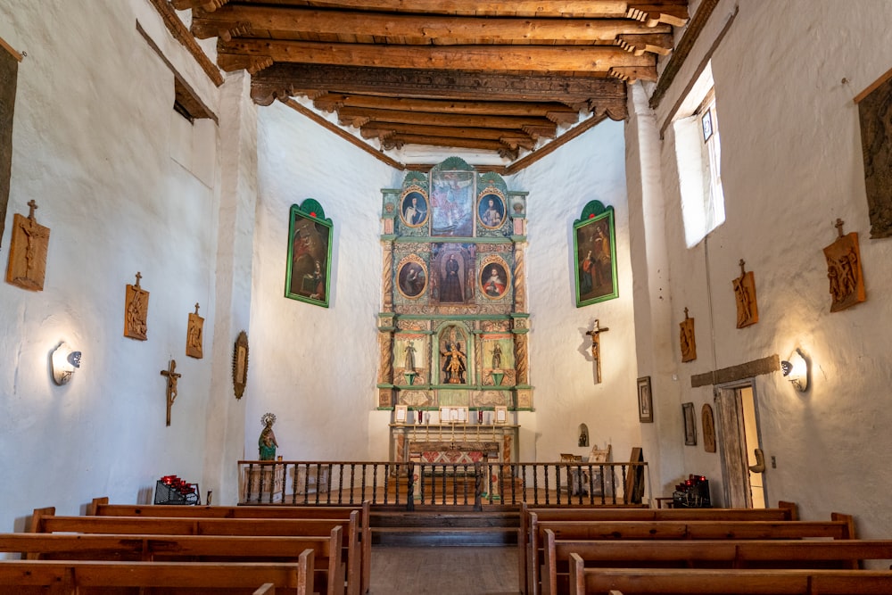 brown wooden bench inside church