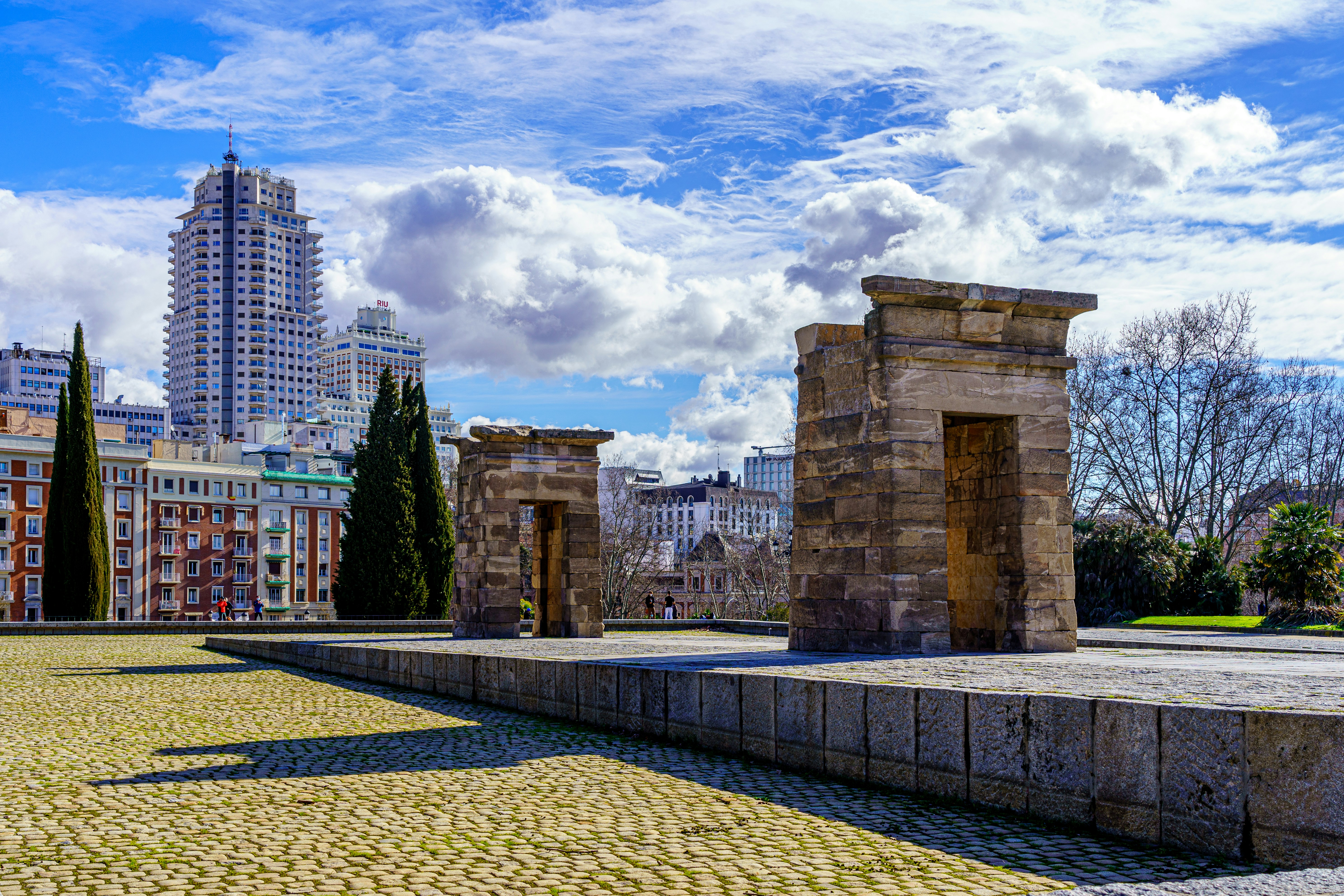 The Temple of Debod is an ancient Egyptian temple that was dismantled and rebuilt in the center of Madrid, Spain.The shrine was originally erected 15 kilometres (9.3 mi) south of Aswan in Nubia, very close to the first cataract of the Nile and to the great religious centre in Philae dedicated to the goddess Isis. The temple was rebuilt in one of Madrid's parks, the Parque del Oeste, near the Royal Palace of Madrid, and opened to the public in 1972