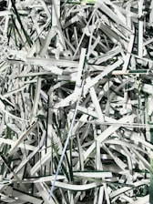 A tangled mass of shredded paper strips, predominantly white with occasional hints of green and black. The strips are randomly layered, creating a chaotic texture with varying lengths and widths.