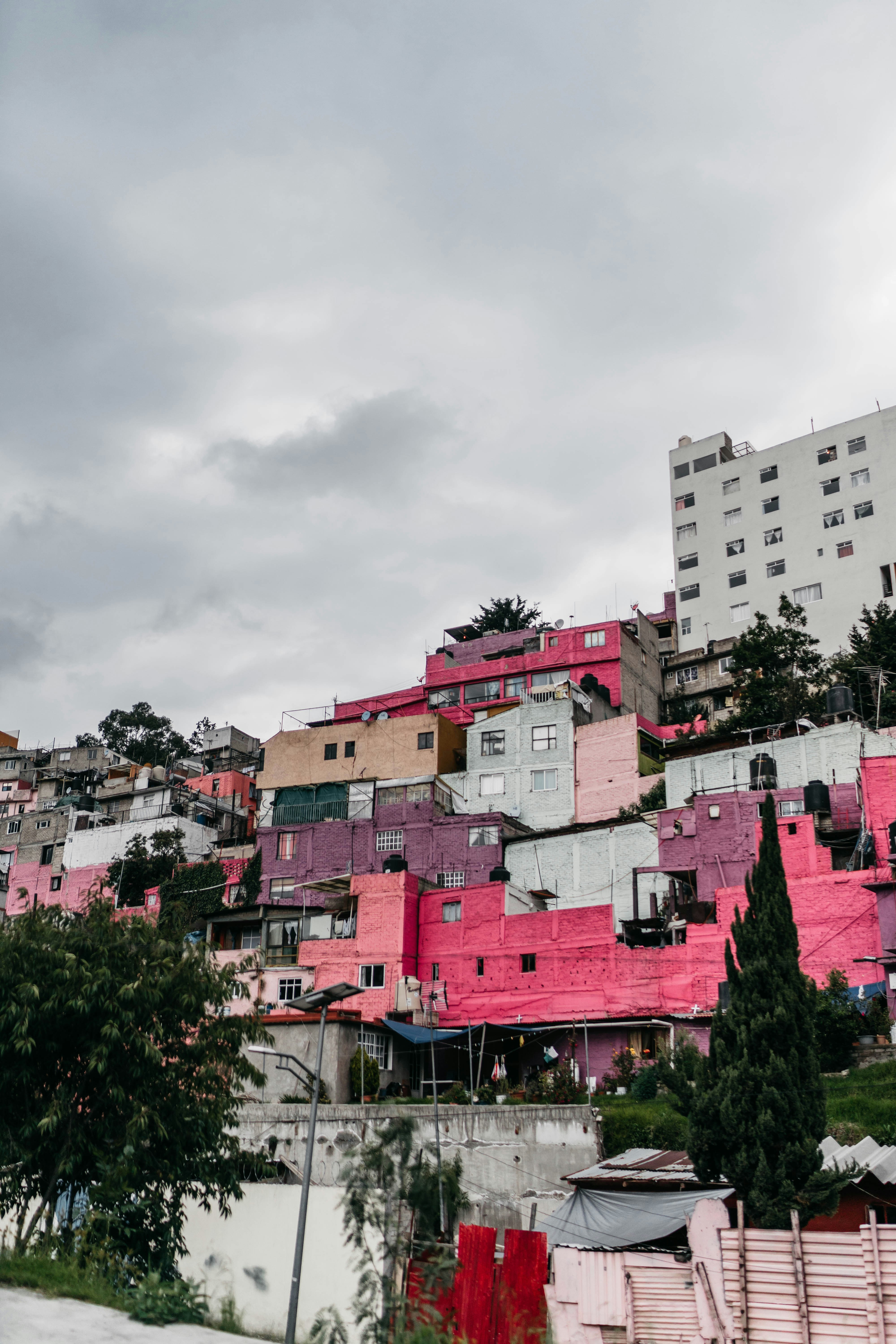 a hill with a bunch of pink buildings on top of it