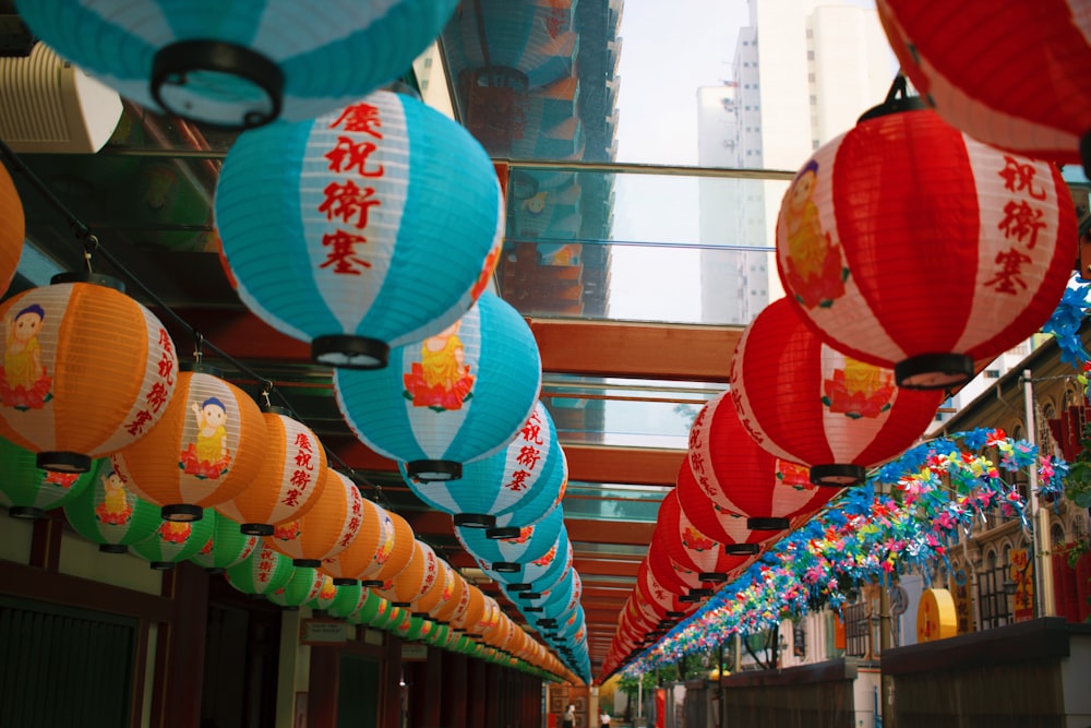 red blue and white chinese lanterns