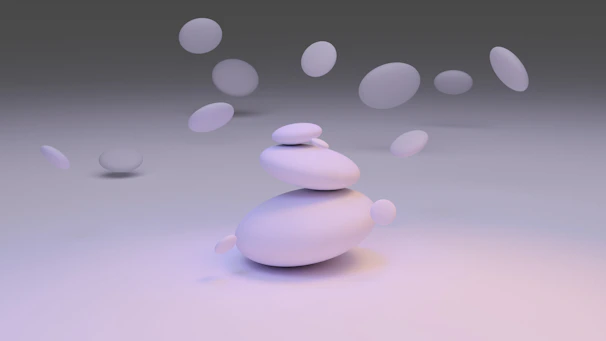 A calming arrangement of smooth stones and lavender sprigs, evoking tranquility and balance.