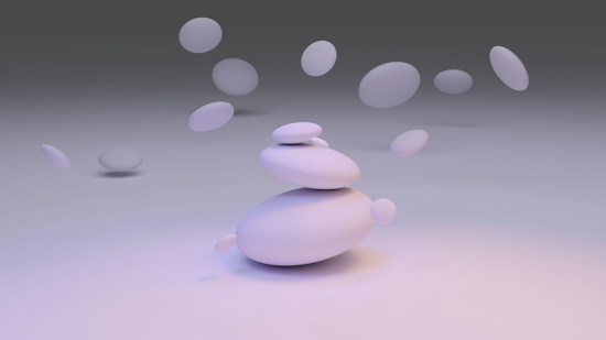 A minimalist arrangement of smooth, rounded stones, with several stones hovering and floating around them. The background is a gradient of soft, muted colors, giving a serene and tranquil ambiance.