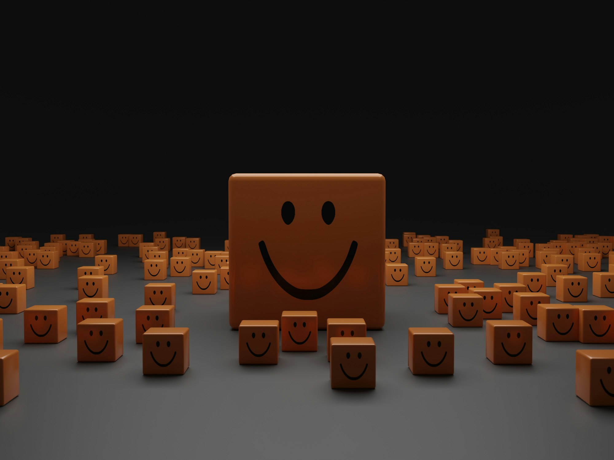 lots of happy cubes sitting on a plane surface.