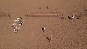 An aerial view of a sandy beach area featuring multiple beach volleyball courts with players actively engaged in a game. On the left side, a group is relaxing on towels, sunbathing and socializing. The sand is uniformly spread, creating a wide open space.