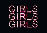 Neon pink lettering spells out the word 'GIRLS' three times in bold, stacked columns against a dark background.