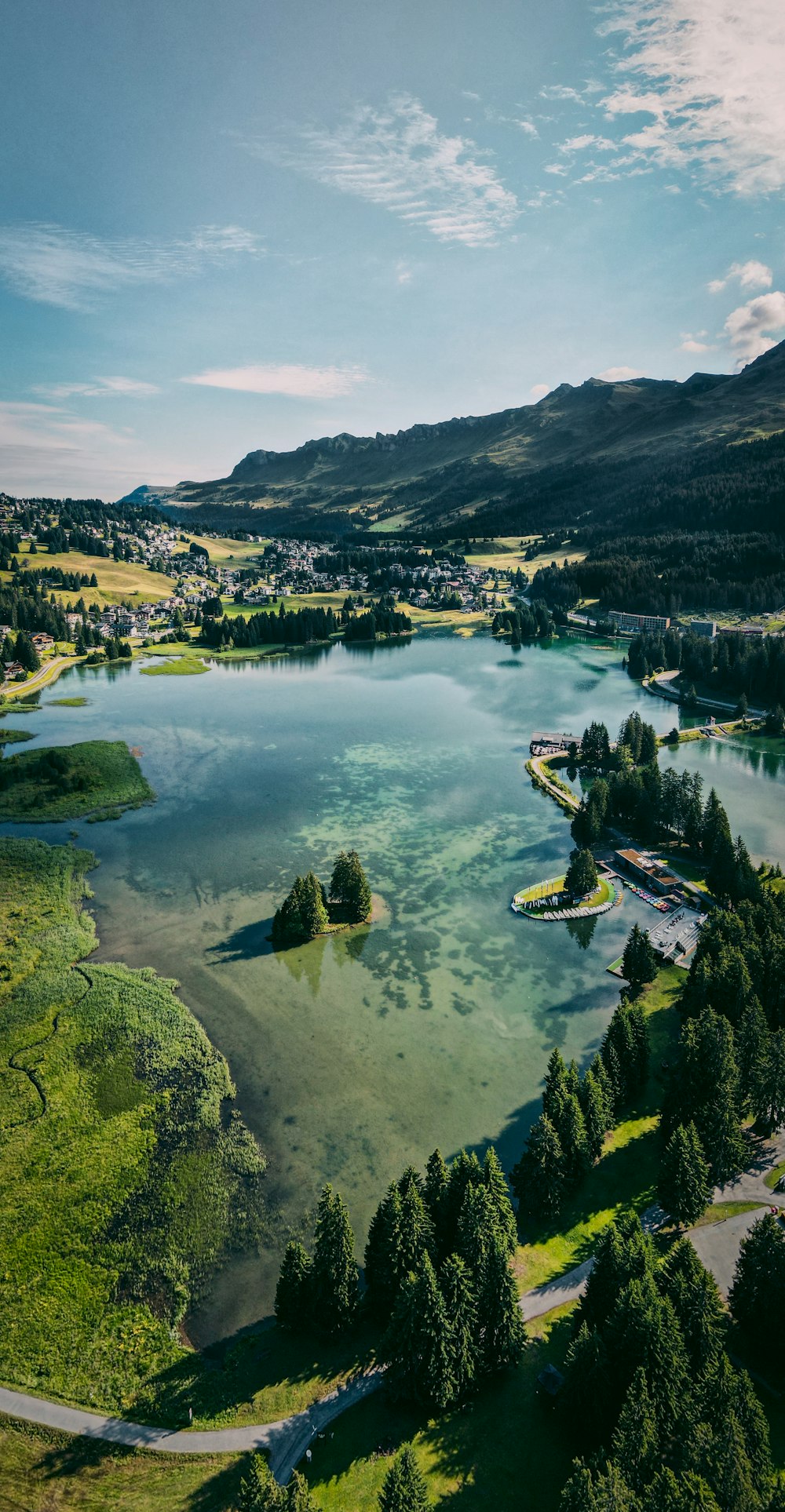aerial view of lake surrounded by green trees and mountains during daytime