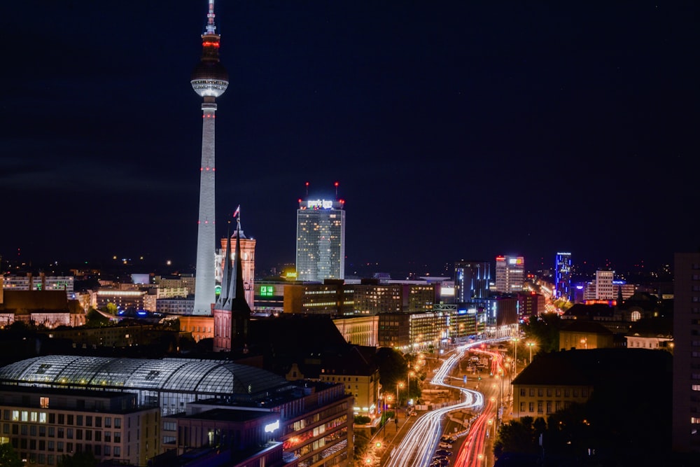 city with high rise buildings during night time