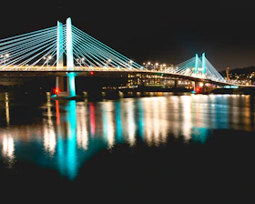 lighted bridge over water during night time