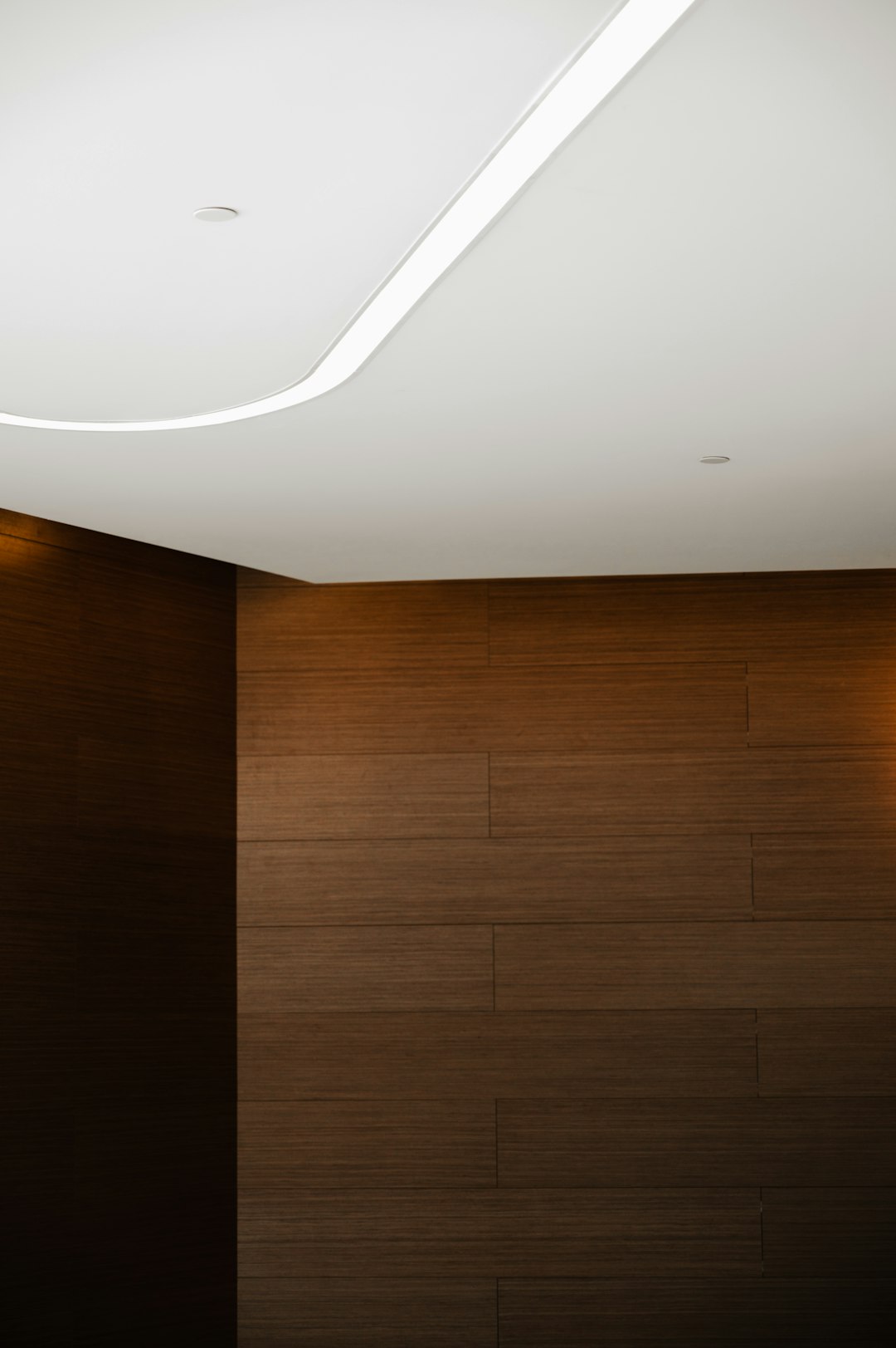 white ceiling with brown wooden wall