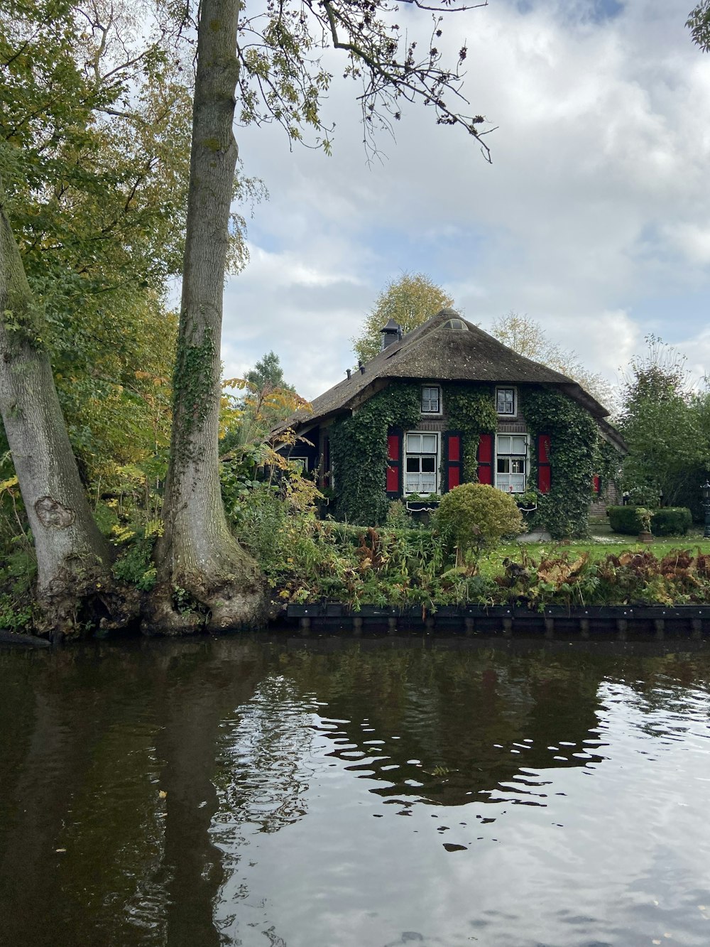 brown wooden house near body of water during daytime